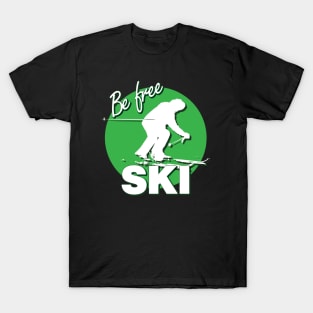 Downhill Skier Text Design with Be Free SKI Quote Green Circle of Ski Level Beginner Black Background T-Shirt